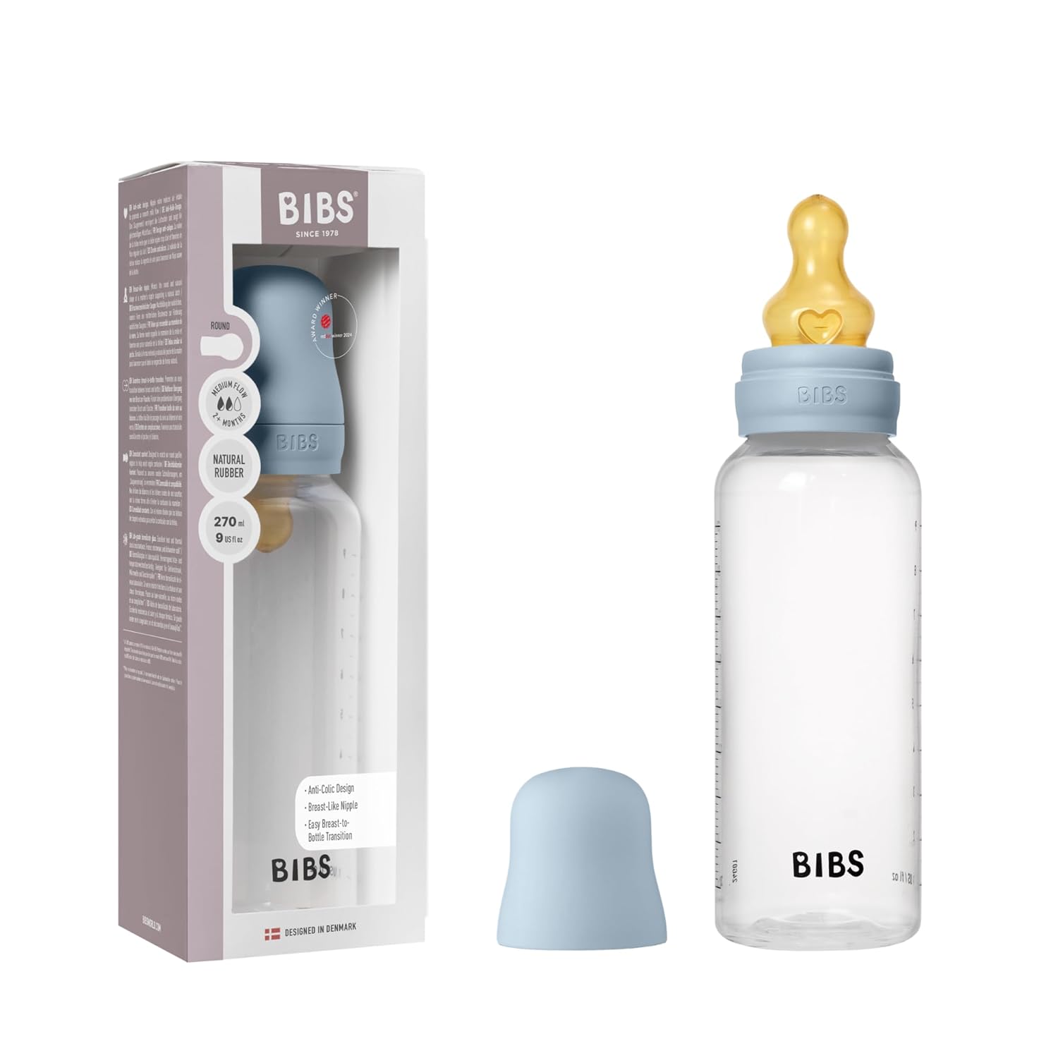 BIBS BIBERON BOTTLE LATEX MEDIUM FLOW BABY BLUE 270ML
